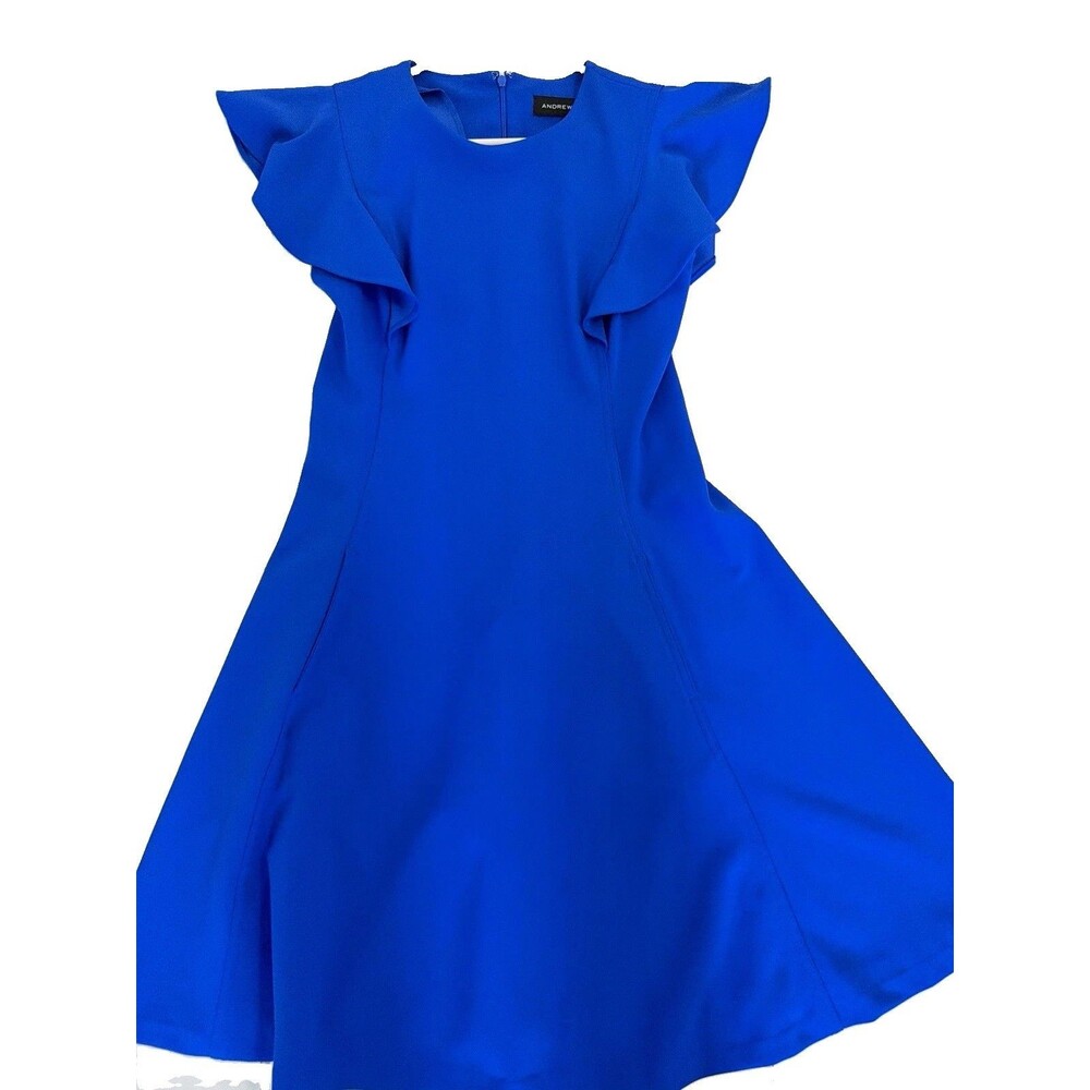 Andrew Marc Blue Solid Round Neck Ruffle Flutter Sleeve A-Line Short Dress 4